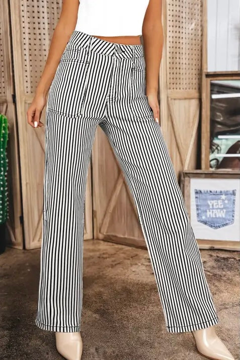 Striped Patch Pocket High Waist Denim Jeans