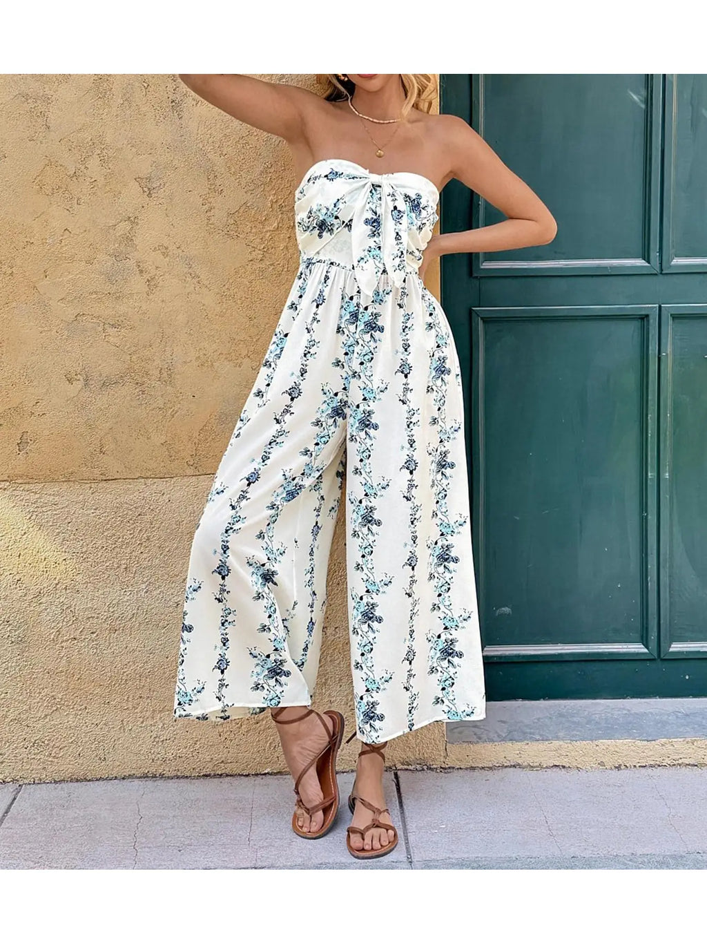 Strapless Floral Print Wide Leg Jumpsuit with Front Tie Deta