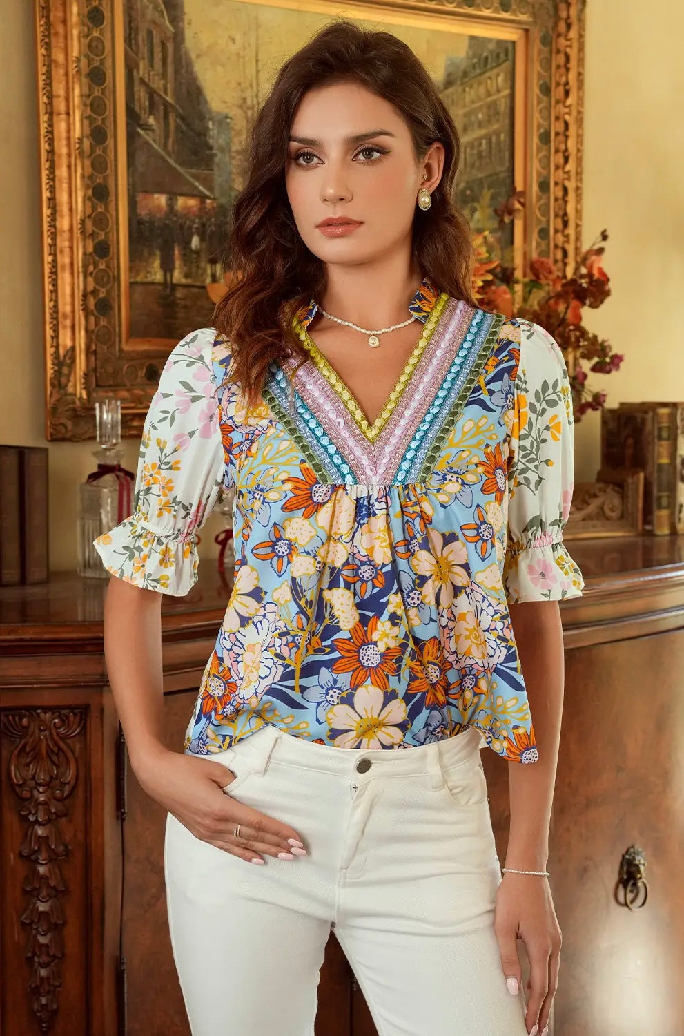 V Neck Half Sleeve Boho Floral Blouse