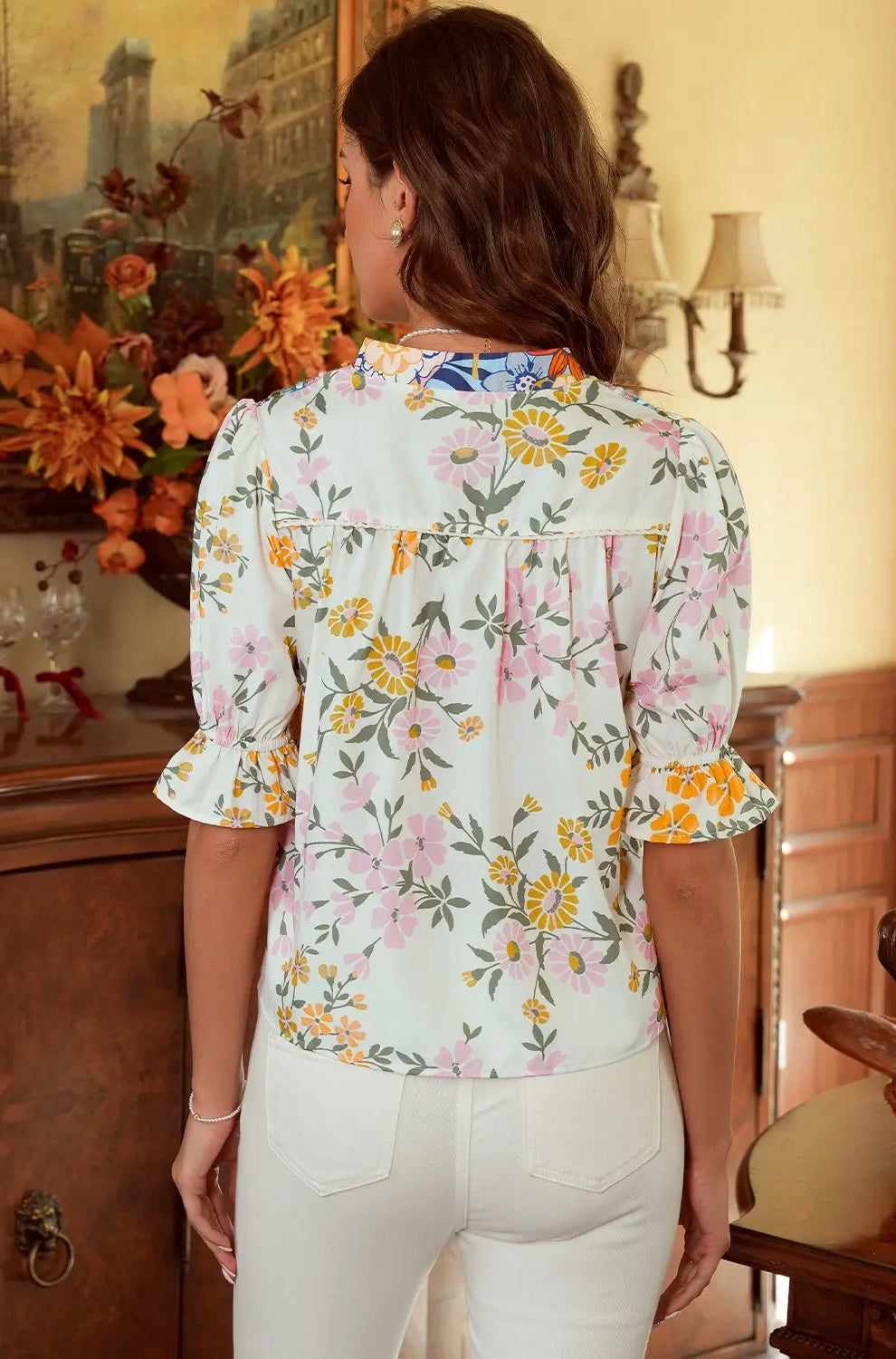 V Neck Half Sleeve Boho Floral Blouse
