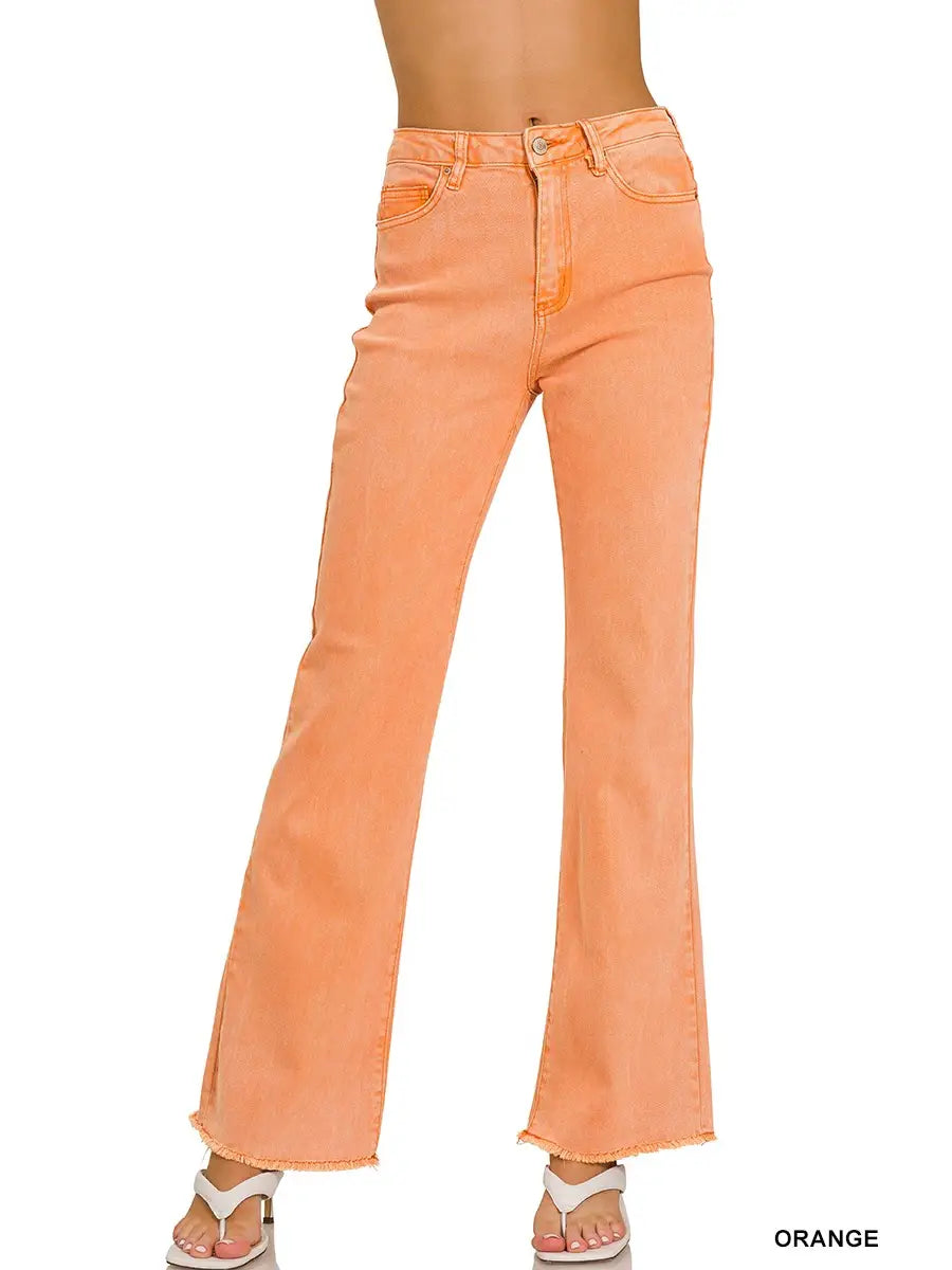 Acid Washed Frayed Cutoff Hem Straight Wide Pants